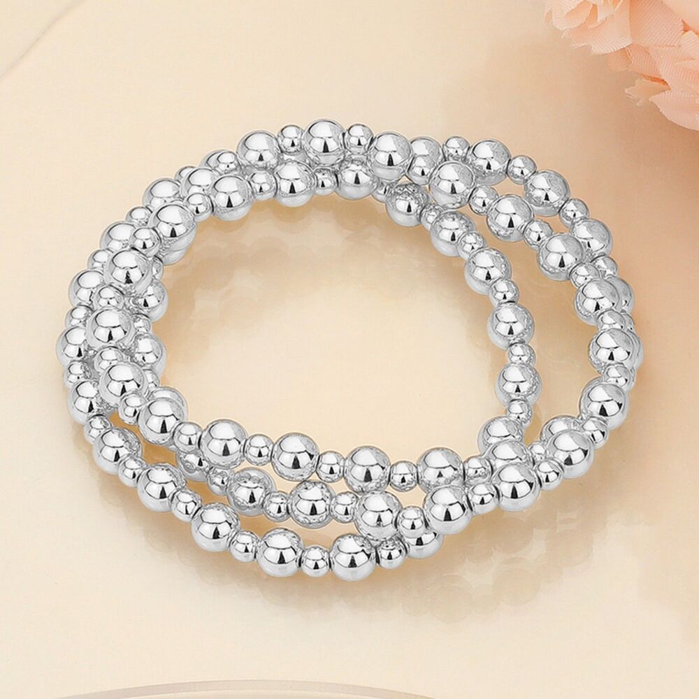 Silver MultiLayered 3 Pcs Metal Ball Beaded Stretch Bracelet Casual Simple